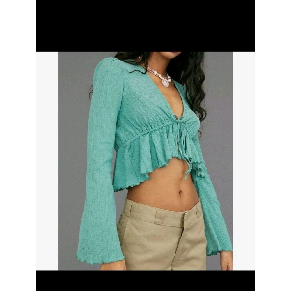 Urban Outfitters Lucielle Ruffle Mint Blue Green Tie-Front Crop Top Size L